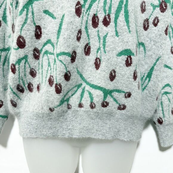 Womens Knit Sweater Gray Green Red Berry Tree Print Long Sleeve Pullover Size S? - Picture 3 of 7